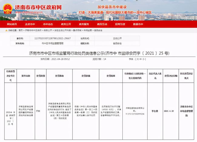 曾被停產(chǎn)停業(yè)的濟南圣都食品超限量使用食品添加劑被罰款6.9萬(wàn)元